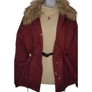 Band New Red Parka Jacket Wine Colored Size Large For Winter Faux fur collar